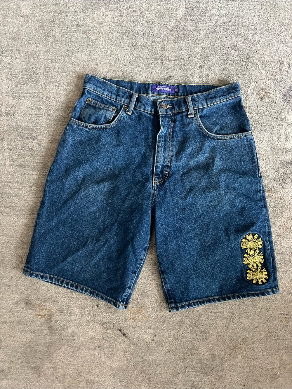 FA Dark Blue Denim Shorts with Yellow Patch Detail